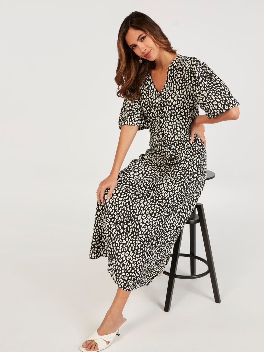 Black and White Animal Printed V-Neck Midi Dress XL